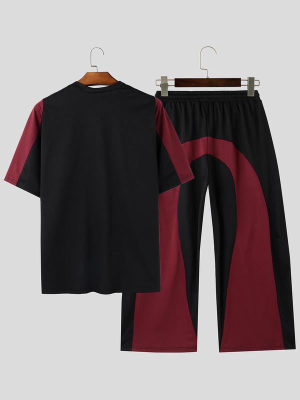 Men's Colorblock Half Sleeve Tee & Drawstring Waist Wide Leg Pants Two-piece Set, Casual Round Neck Half Sleeve T-shirt & Trousers for Daily Wear, Men's Two-piece Outfits for All Seasons