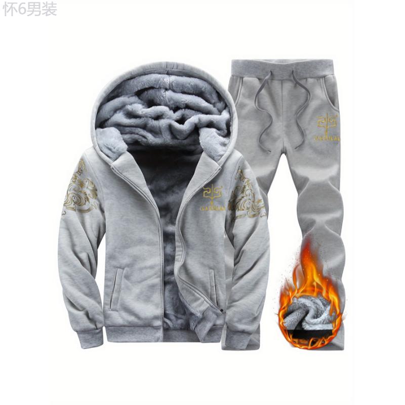 2pcs, Golden, Thermal Fleece Lined, Men's Casual Zipper Hooded Jacket & Drawstring Sweatpants Set, Classical Pattern Print, Cozy Warm Outfit for Autumn and Winter Clothing Fabric Menswear Sleeve Collar Polyester Stretch Suits Stretch Suits Tops Gamis