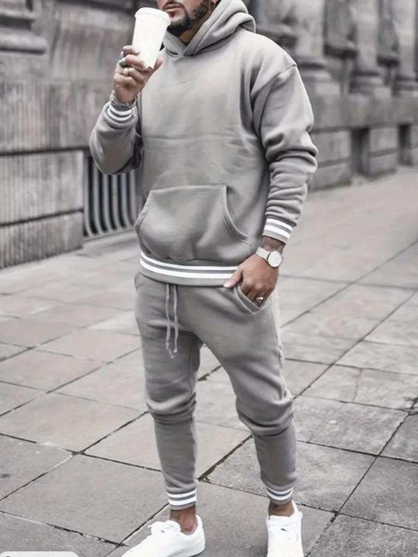 Men's Patchwork Striped Print Sweatsuit, Casual Long Sleeve Pocket Hoodie & Drawstring Waist Pocket Jogger Pants Set, Men's Two-piece Outfits, Fall Outfit 2024