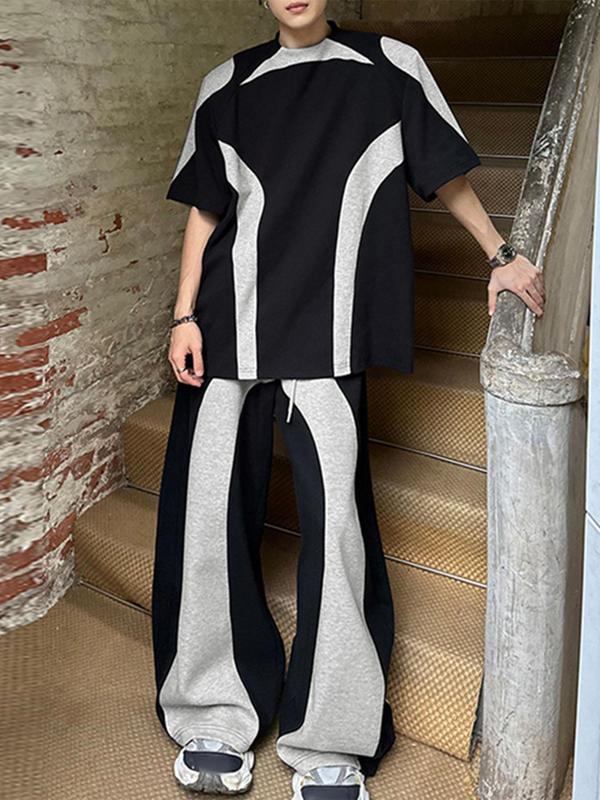 Men's Colorblock Half Sleeve Tee & Drawstring Waist Wide Leg Pants Two-piece Set, Casual Round Neck Half Sleeve T-shirt & Trousers for Daily Wear, Men's Two-piece Outfits for All Seasons