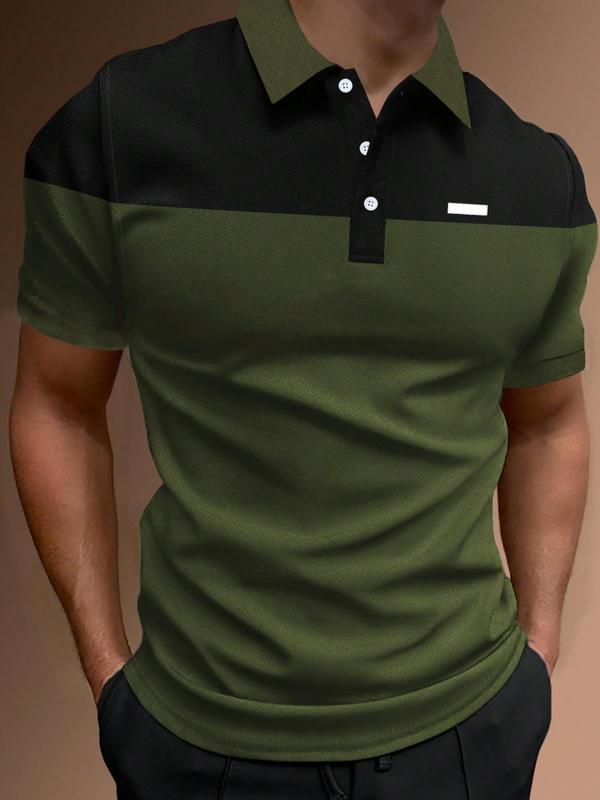 Men's Colorblock Patched Button Front Polo Shirt, Regular Fit Casual Short Sleeve Polo Collar Top, Men's Clothes for Summer Daily Wear