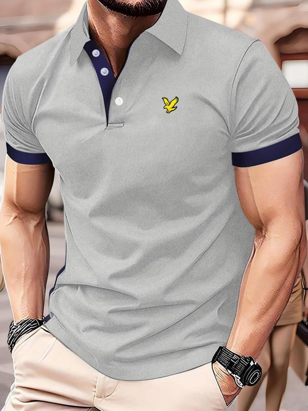 Men's Bird & Patchwork Print Polo Shirt, Regular Fit Casual Short Sleeve Half Button Collared Top for Summer, Fashion Men's Clothes for Daily Wear