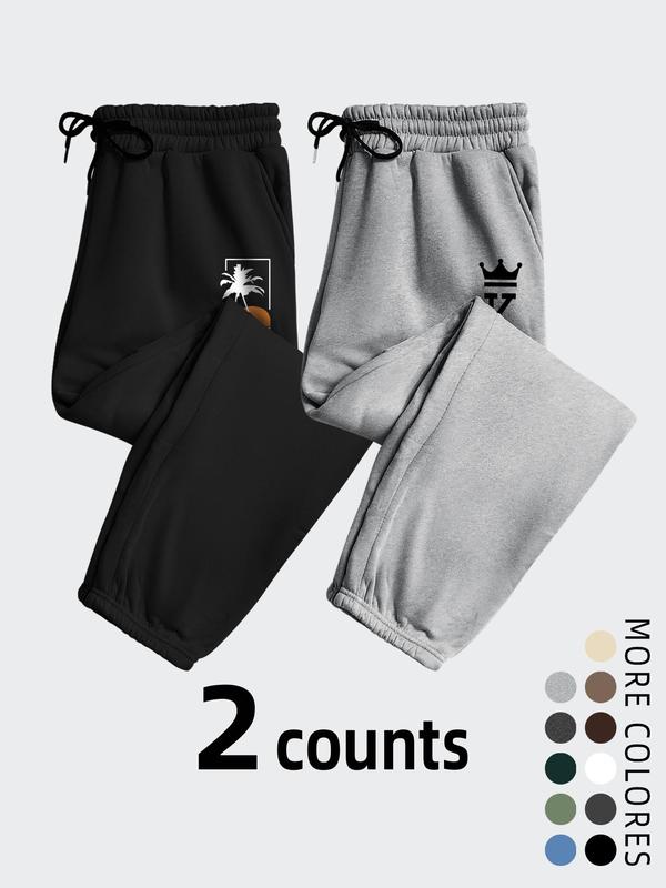 Men's Coconut Tree Crown Graphic Drawstring Waist Sweatpants, Casual Comfy Pocket Elastic Waist Jogger Pants for Fall & Winter, Men's Trousers for Daily Wear