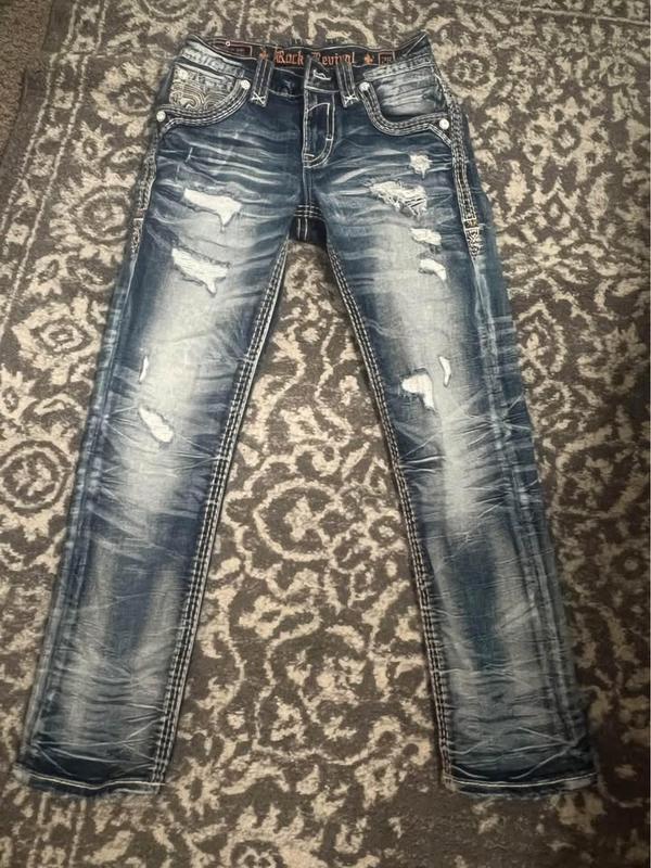 2000s Rock Revival Men's Distressed Denim Jeans Slim Straight Blue, Men's Biker Jeans, 2000s Jeans, Comfortable Jeans For Men, Denim Jeans For Men