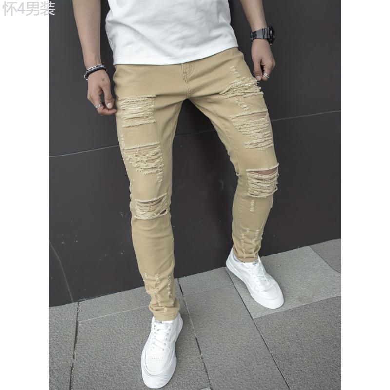 Men's Chic Slim Fit Ripped Jeans - Distressed Mid Stretch Denim Pants for Spring Summer Casual Street Style Menswear Polyester