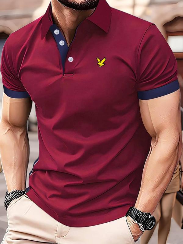 Men's Bird & Patchwork Print Polo Shirt, Regular Fit Casual Short Sleeve Half Button Collared Top for Summer, Fashion Men's Clothes for Daily Wear