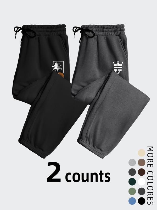 Men's Coconut Tree Crown Graphic Drawstring Waist Sweatpants, Casual Comfy Pocket Elastic Waist Jogger Pants for Fall & Winter, Men's Trousers for Daily Wear