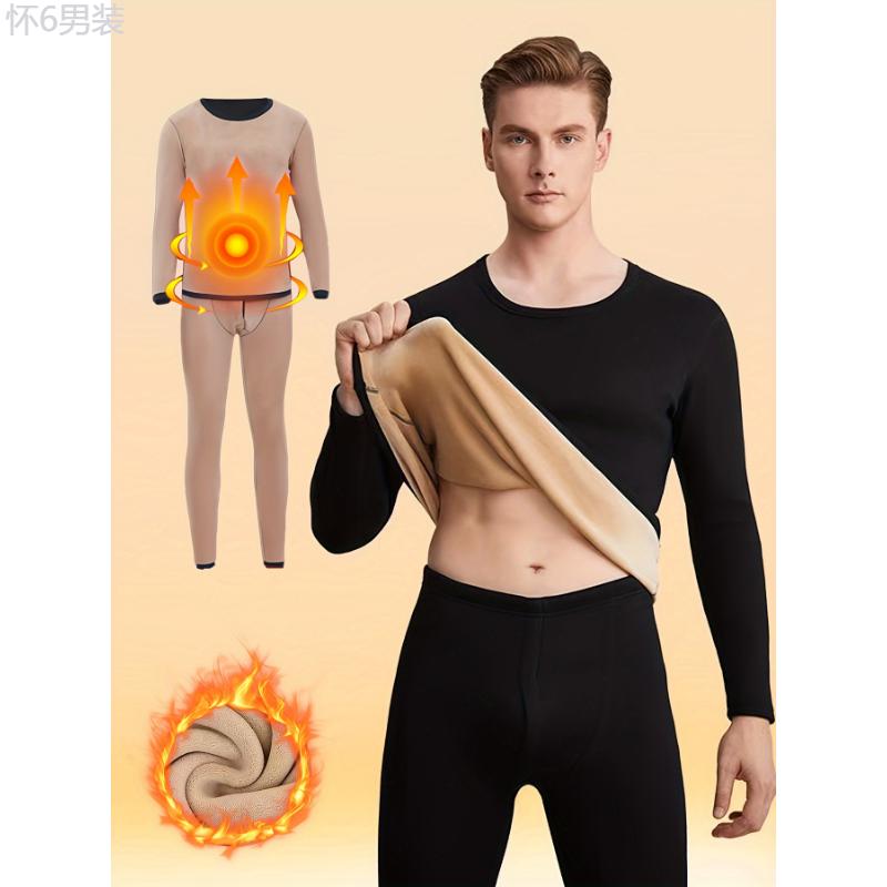 Men's Winter Thermal Underwear Set - Fleece-Lined, Long Sleeve Crew Neck Top & Pants for Ultimate Warmth Fabric Menswear