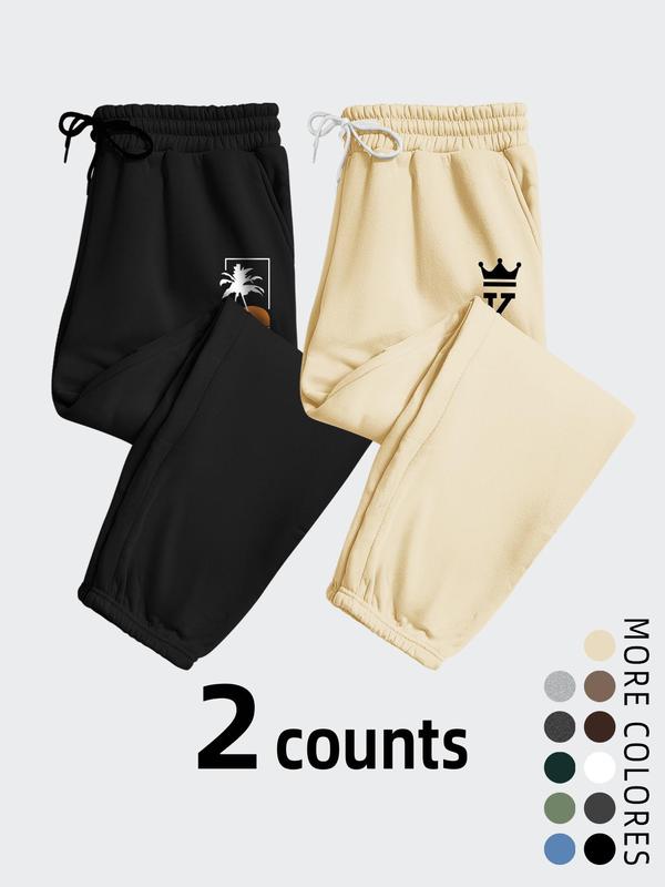 Men's Coconut Tree Crown Graphic Drawstring Waist Sweatpants, Casual Comfy Pocket Elastic Waist Jogger Pants for Fall & Winter, Men's Trousers for Daily Wear