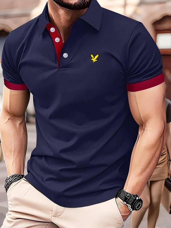 Men's Bird & Patchwork Print Polo Shirt, Regular Fit Casual Short Sleeve Half Button Collared Top for Summer, Fashion Men's Clothes for Daily Wear