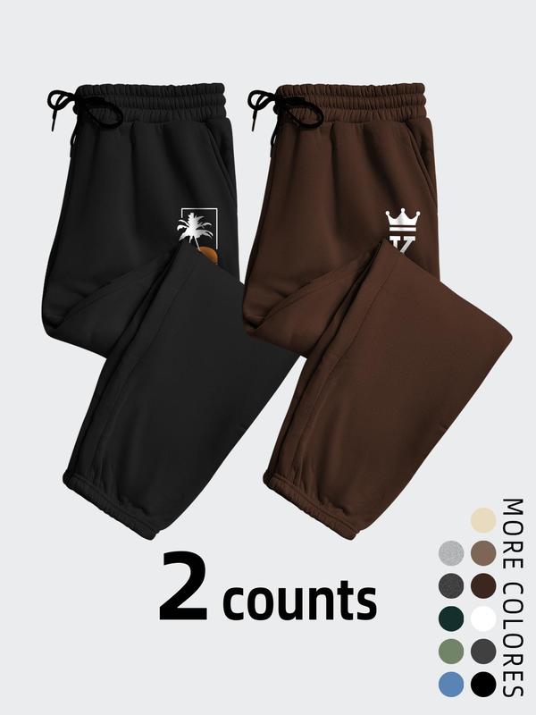 Men's Coconut Tree Crown Graphic Drawstring Waist Sweatpants, Casual Comfy Pocket Elastic Waist Jogger Pants for Fall & Winter, Men's Trousers for Daily Wear