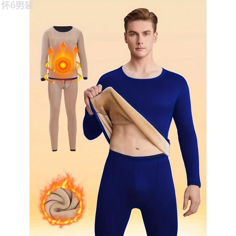 Men's Winter Thermal Underwear Set - Fleece-Lined, Long Sleeve Crew Neck Top & Pants for Ultimate Warmth Fabric Menswear