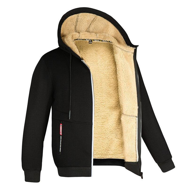 Lambswool Men's Sweater Autumn Fleece-lined Thickened Hooded Sportswear Casual Cardigan Warm Coat