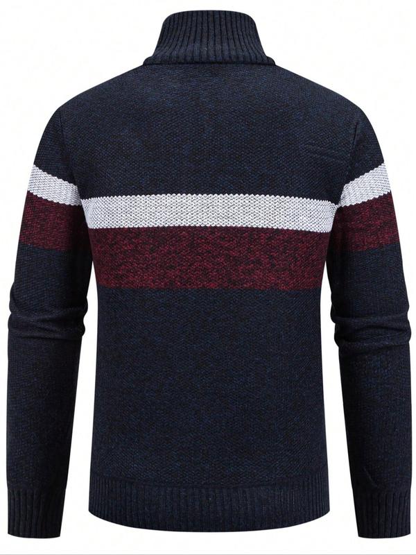 Men's Striped Print Zipper Half Placket Stand Collar Sweater, Regular Fit Casual Long Sleeve Jumper for Fall & Winter, Fashion Men's Knitwear for Daily Wear