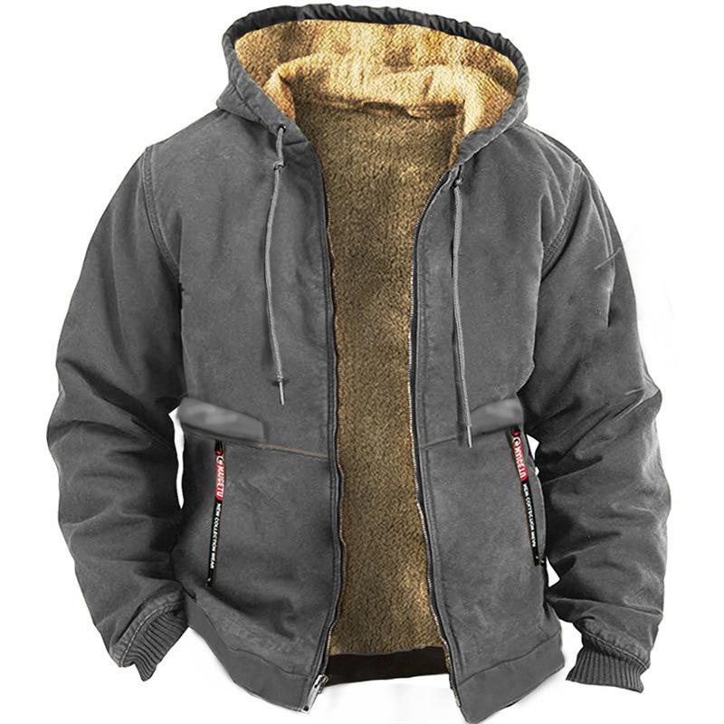 Lambswool Men's Sweater Autumn Fleece-lined Thickened Hooded Sportswear Casual Cardigan Warm Coat