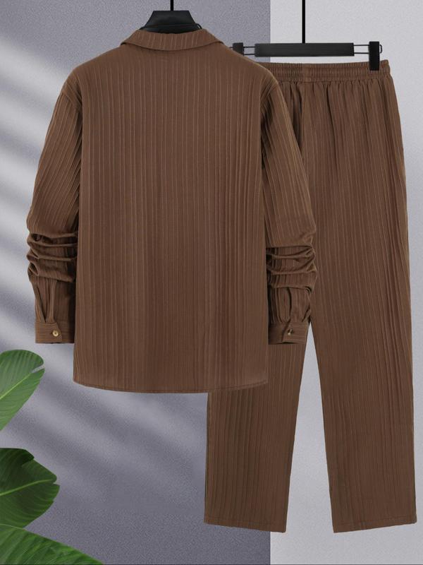 Two-Piece Set Men's Solid Textured Button Front Shirt & Drawstring Waist Pants, Regular Fit Casual Drop Shoulder Long Sleeve Top & Straight Leg Trousers for Spring & Fall, Men's Two-piece Outfits for Daily Wear