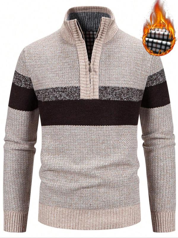 Men's Striped Print Zipper Half Placket Stand Collar Sweater, Regular Fit Casual Long Sleeve Jumper for Fall & Winter, Fashion Men's Knitwear for Daily Wear