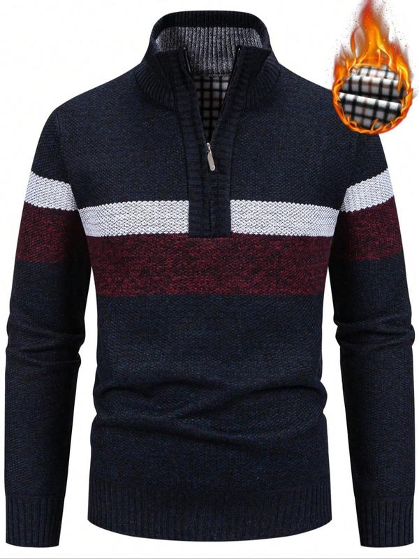 Men's Striped Print Zipper Half Placket Stand Collar Sweater, Regular Fit Casual Long Sleeve Jumper for Fall & Winter, Fashion Men's Knitwear for Daily Wear