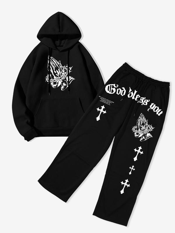 Two-Piece Set Men's Prayer Gesture Graphic Pocket Hoodie & Drawstring Waist Sweatpants Set, Regular Fit Street Casual Long Sleeve Hooded Pullover & Elastic Waist Trousers, Men's Fall & Winter Clothes