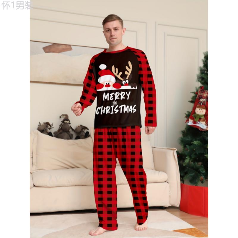 Men's Casual Comfy Home Pajamas Set, MERRY CHRISTMAS Letter And Santa Claus Reindeer Print Comfy Long Sleeve Crew Neck Sweatshirt & Plaid Loose Pants, Men's Outdoor Clothing Fabric Loungewear Menswear Nightwear Collar Stretch Homewear Pajama Set