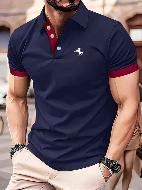 Men's Regular Fit Horse Print Contrast Binding Polo Shirt, Casual Short Sleeve Button Collar Top for Summer, Fashion Men's Clothes for Daily Wear, National Day Clothing