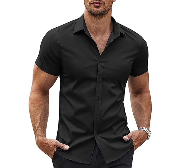 COOFANDY men's muscle fitting casual short sleeved shirt fabric men's short sleeved shirt elastic spandex elastic top underwear, business dress, summer casual top, boutique men's top