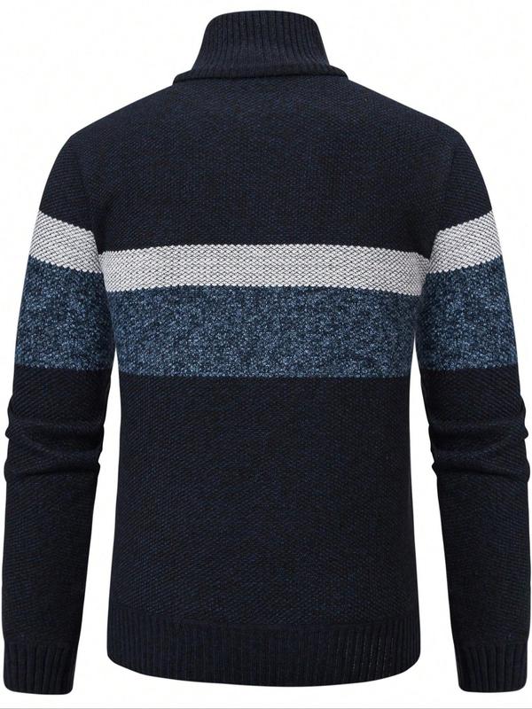 Men's Striped Print Zipper Half Placket Stand Collar Sweater, Regular Fit Casual Long Sleeve Jumper for Fall & Winter, Fashion Men's Knitwear for Daily Wear