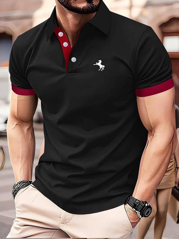 Men's Regular Fit Horse Print Contrast Binding Polo Shirt, Casual Short Sleeve Button Collar Top for Summer, Fashion Men's Clothes for Daily Wear, National Day Clothing