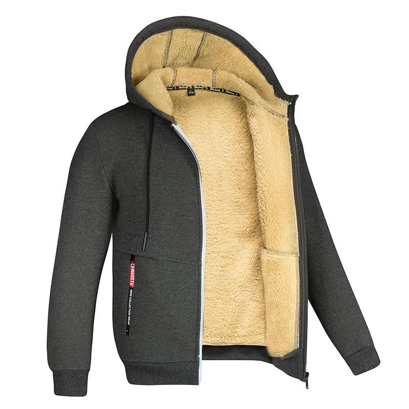 Lambswool Men's Sweater Autumn Fleece-lined Thickened Hooded Sportswear Casual Cardigan Warm Coat