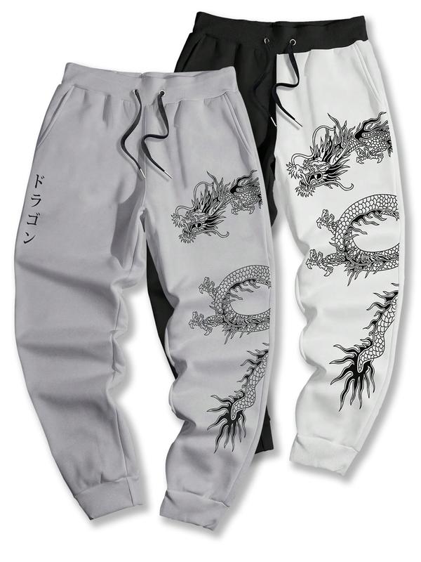 Men's Dragon & Letter & Cartoon Smile Face Print Drawstring Waist Sweatpants, Casual Regular Fit Pocket Jogger Pants for Daily Wear, Fashion Men's Bottoms for All Seasons