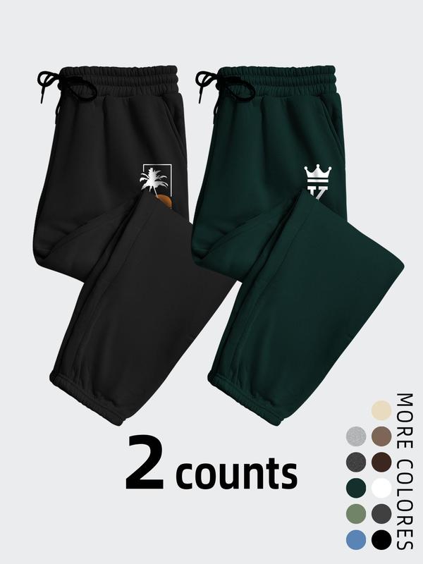 Men's Coconut Tree Crown Graphic Drawstring Waist Sweatpants, Casual Comfy Pocket Elastic Waist Jogger Pants for Fall & Winter, Men's Trousers for Daily Wear