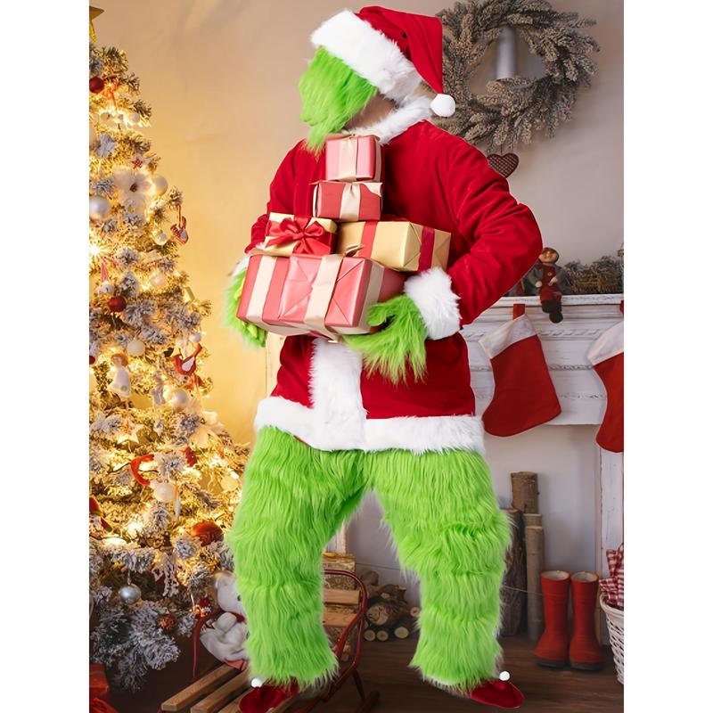 lorax costumeDeluxe Funny Fluffy Green Monster Costume with Mask, Christmas Santa Suits for Adult Men as Party Gifts