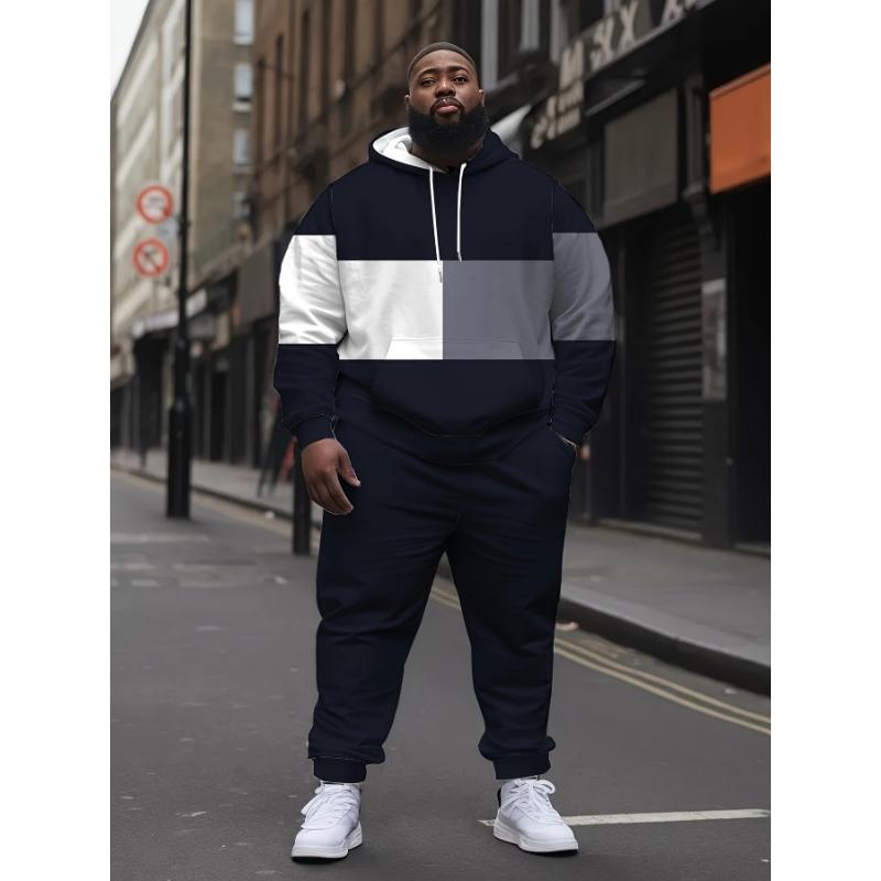 Black Friday 2pcs Men's Plus Size Casual Hoodie Tracksuit, Color Block Hooded Sweatshirt & Pant Set