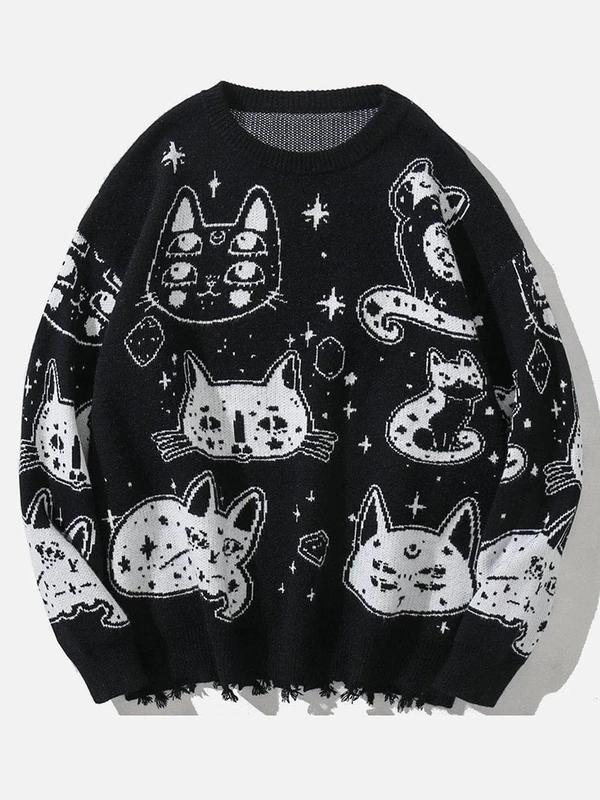 Men's Cartoon Cat Print Drop Shoulder Sweater, Loose Casual Long Sleeve Round Neck Jumper for Fall & Winter, Fashion Men's Knitwear for Daily Wear