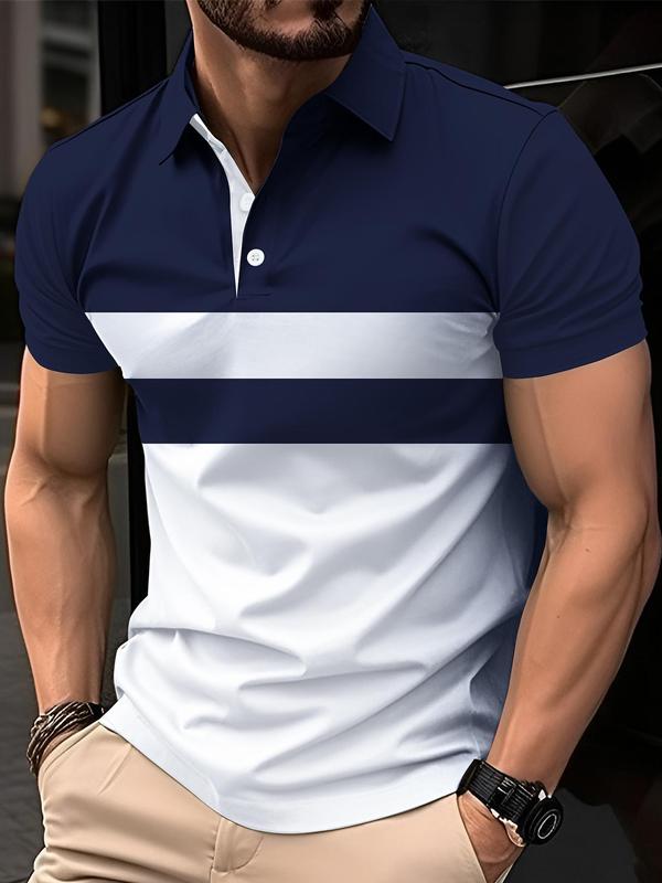 Men's Colorblock Short Sleeve Polo Shirt, Casual Regular Fit Button Front Collared Top for Summer, Fashion Men's Clothes for Daily Wear