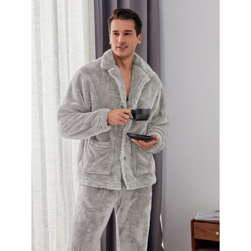 Mens Plush Warm Pajama Sets Soft Fluffy Flannel Sleepwear with Pockets Cozy Loungewear Pjs Set for Men