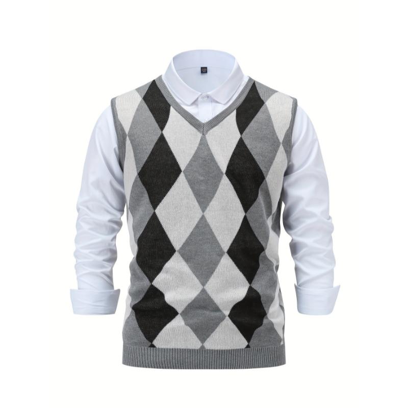 Men's Argyle Graphic Print Knitted Sleeveless Sweater, Casual V Neck Vest For Outdoor Activities