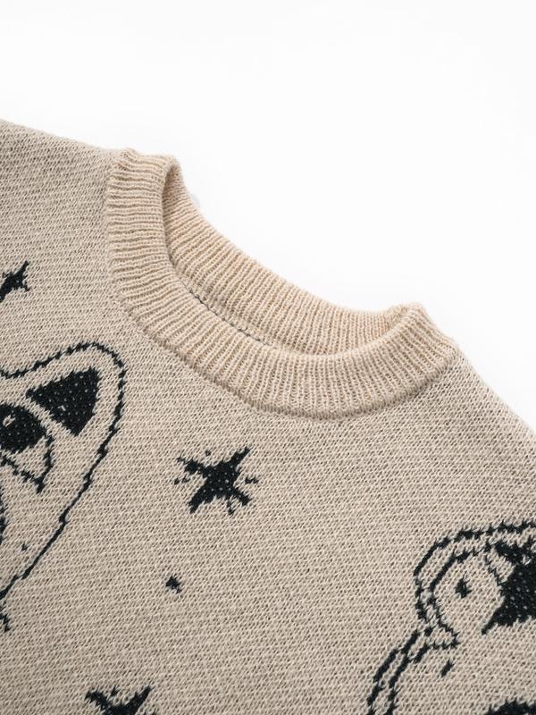 Men's Cartoon Cat Print Drop Shoulder Sweater, Loose Casual Long Sleeve Round Neck Jumper for Fall & Winter, Fashion Men's Knitwear for Daily Wear