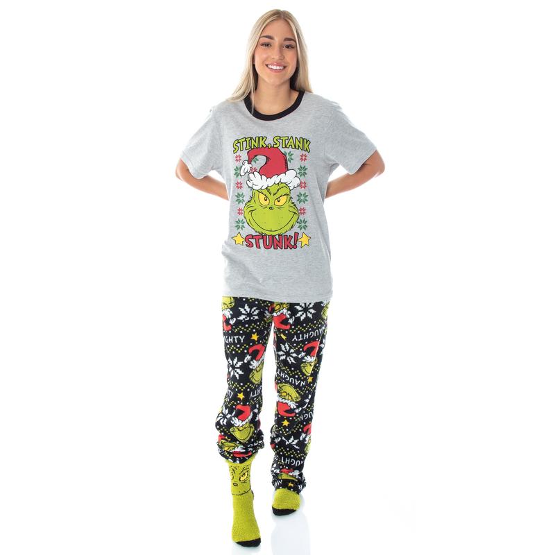 Dr. Seuss GRINCH Stink, Stank, Stunk! 3 Piece Gift Pajama Set - Fleece Pajama Pants, Shirt, And Cozy Socks