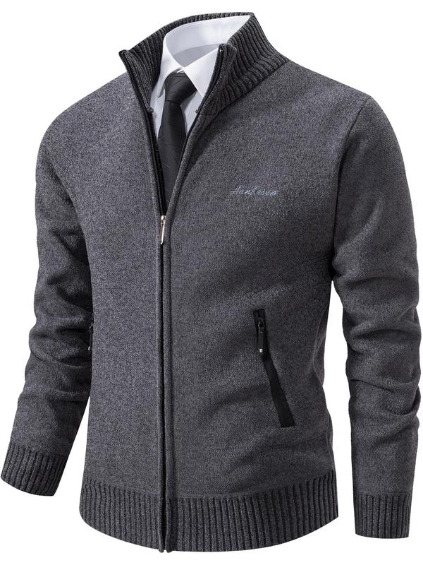 Men's Letter Embroidery Pocket Zipper Cardigan, Regular Fit Casual Long Sleeve Stand Collar Knitwear for Fall & Winter, Men's Knit Clothing for Daily Wear