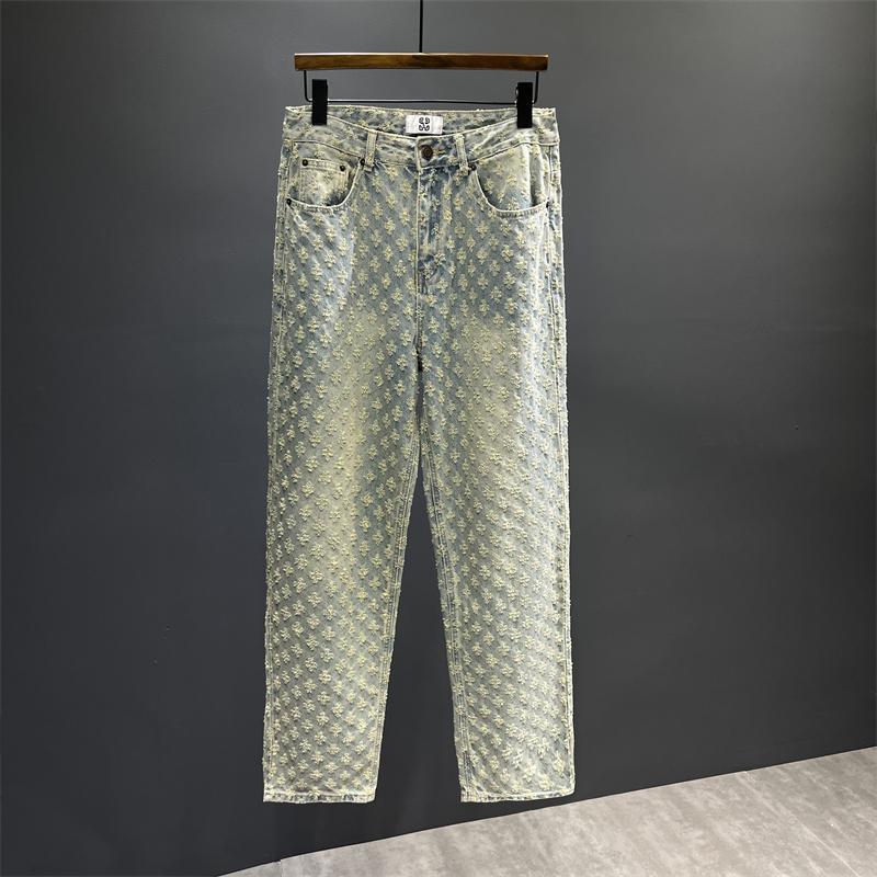 Pants High Street Jacquard Full Printed Design Jeans Men's Loose Wide Leg Pants Fashion