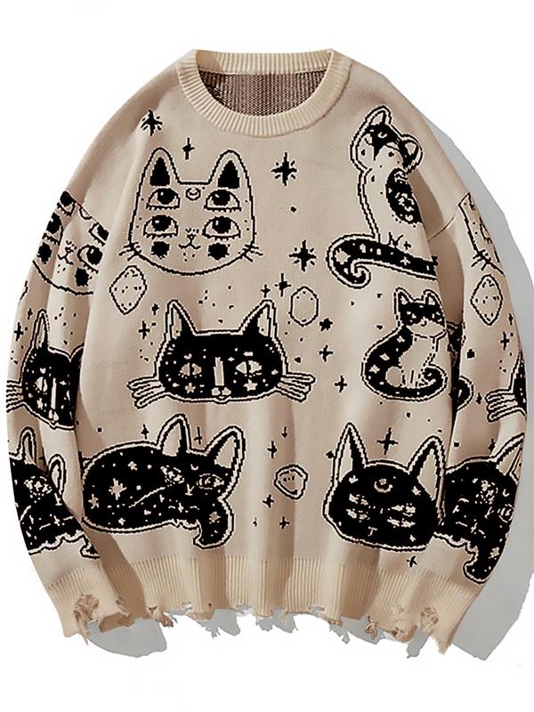 Men's Cartoon Cat Print Drop Shoulder Sweater, Loose Casual Long Sleeve Round Neck Jumper for Fall & Winter, Fashion Men's Knitwear for Daily Wear