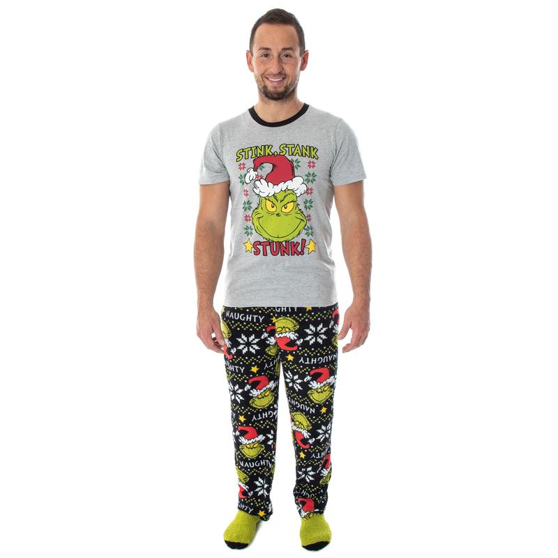 Dr. Seuss GRINCH Stink, Stank, Stunk! 3 Piece Gift Pajama Set - Fleece Pajama Pants, Shirt, And Cozy Socks