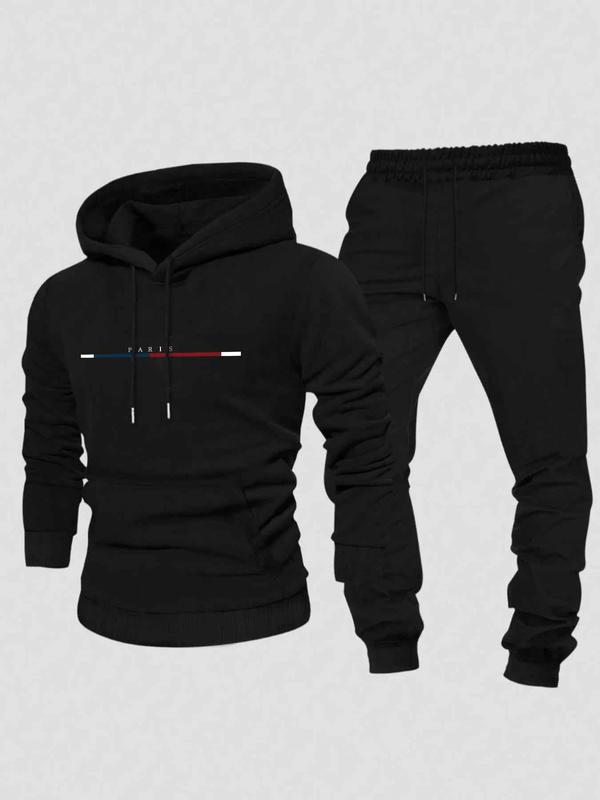 Men's Letter Print Hoodie & Drawstring Waist Sweatpants Two-piece Set, Regular Fit Casual Off Shoulder Long Sleeve Pullover & Jogger Pants for Daily Wear, Men's Two-piece Outfits for Winter