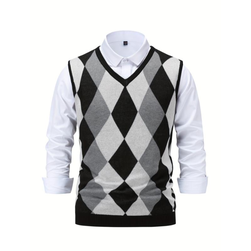 Men's Argyle Graphic Print Knitted Sleeveless Sweater, Casual V Neck Vest For Outdoor Activities