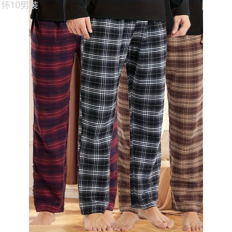 3-Pack Men'S Plaid  Pants, Polyester Sleepwear Lounge Bottoms, High Elasticity, Casual Style, Loose Fit for Teens and Adults - Autumn Winter Collection Fabric Loungewear Fabric Loungewear Menswear Stretch Menswear Stretch Homewear  Set Pjs Trouser