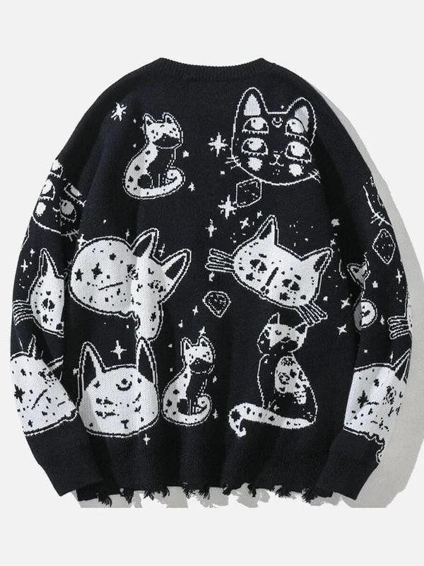 Men's Cartoon Cat Print Drop Shoulder Sweater, Loose Casual Long Sleeve Round Neck Jumper for Fall & Winter, Fashion Men's Knitwear for Daily Wear