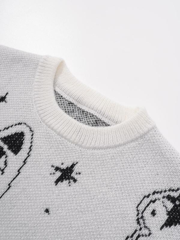 Men's Cartoon Cat Print Drop Shoulder Sweater, Loose Casual Long Sleeve Round Neck Jumper for Fall & Winter, Fashion Men's Knitwear for Daily Wear