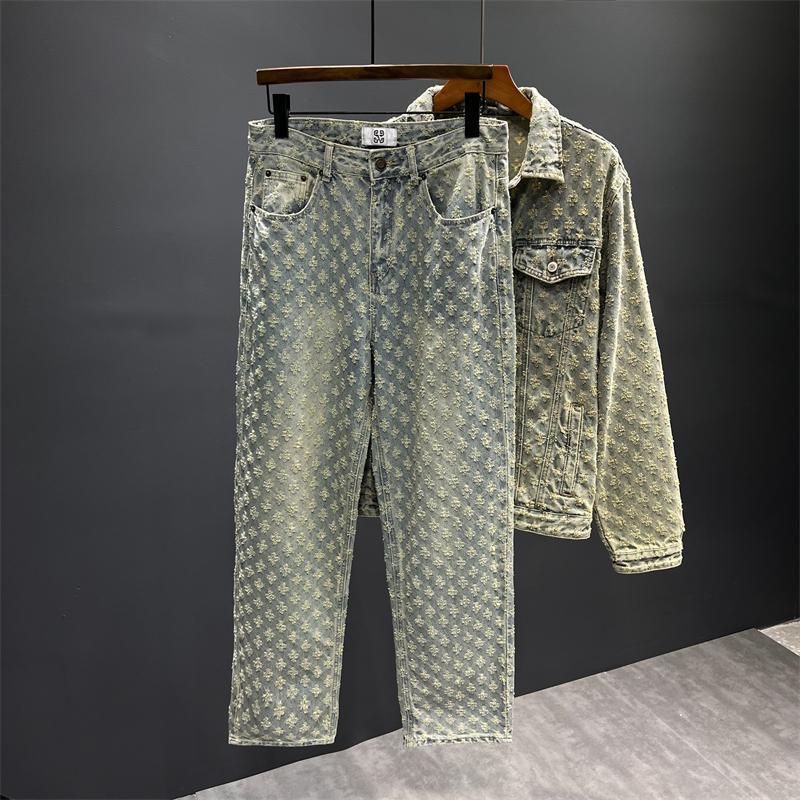 Pants High Street Jacquard Full Printed Design Jeans Men's Loose Wide Leg Pants Fashion