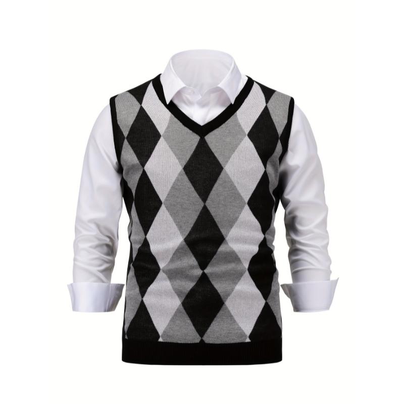 Men's Argyle Graphic Print Knitted Sleeveless Sweater, Casual V Neck Vest For Outdoor Activities